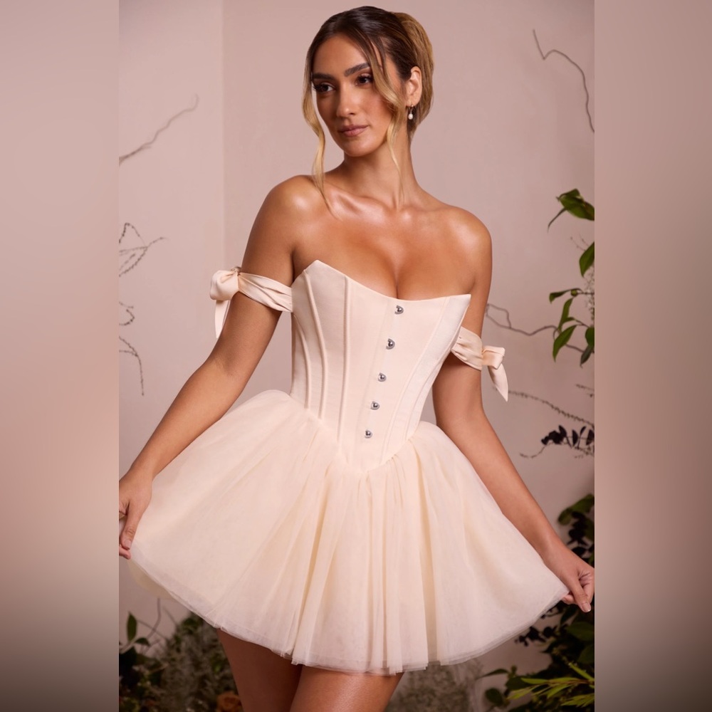 Oh Polly Off Shoulder Tulle Skirt Mini Dress in Ivory